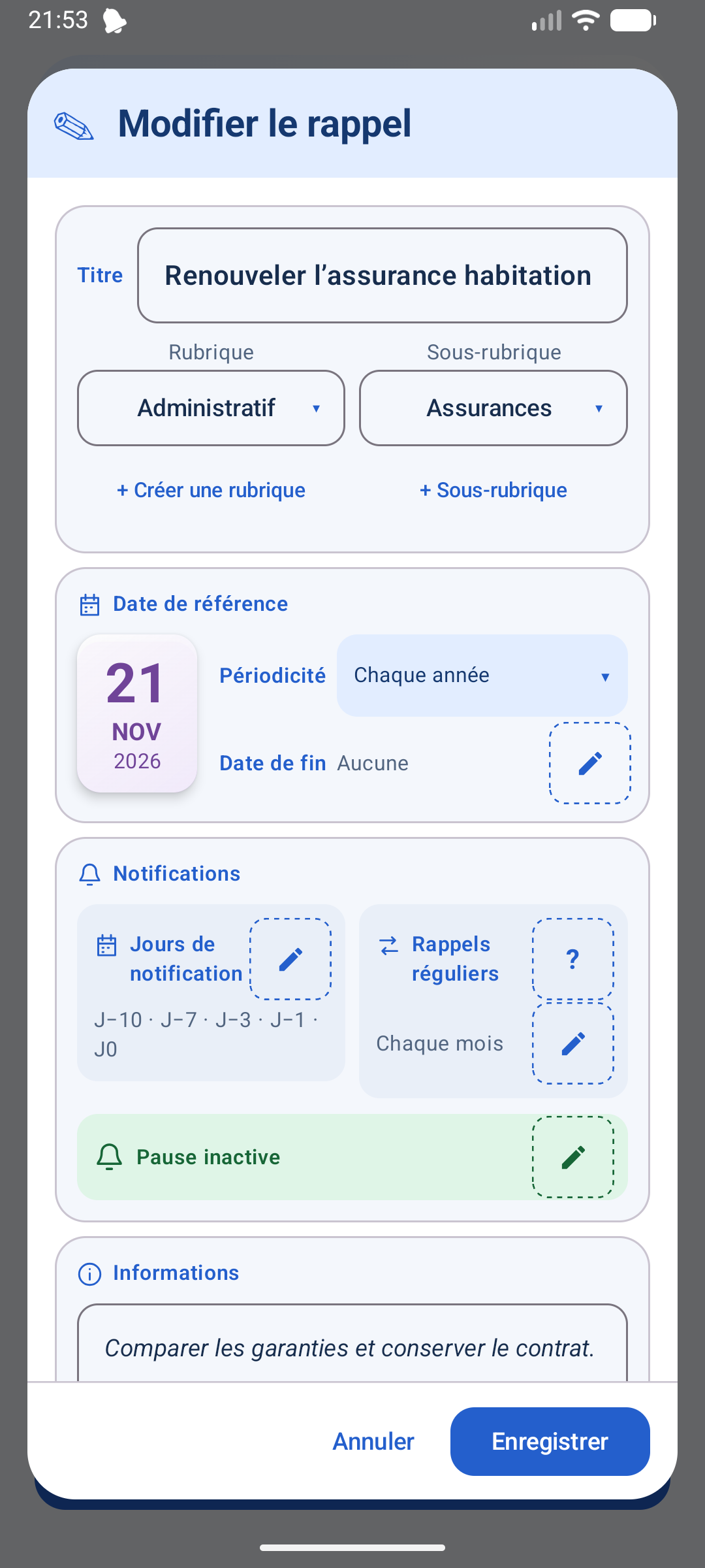 Réglage des notifications dans FreeRappel