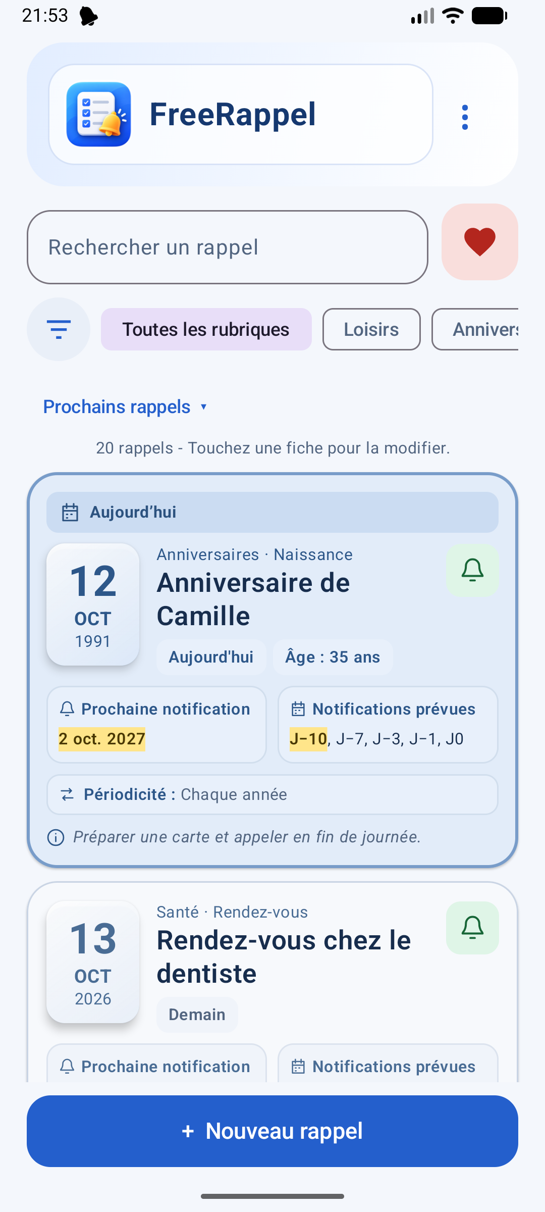 Page d’accueil de FreeRappel