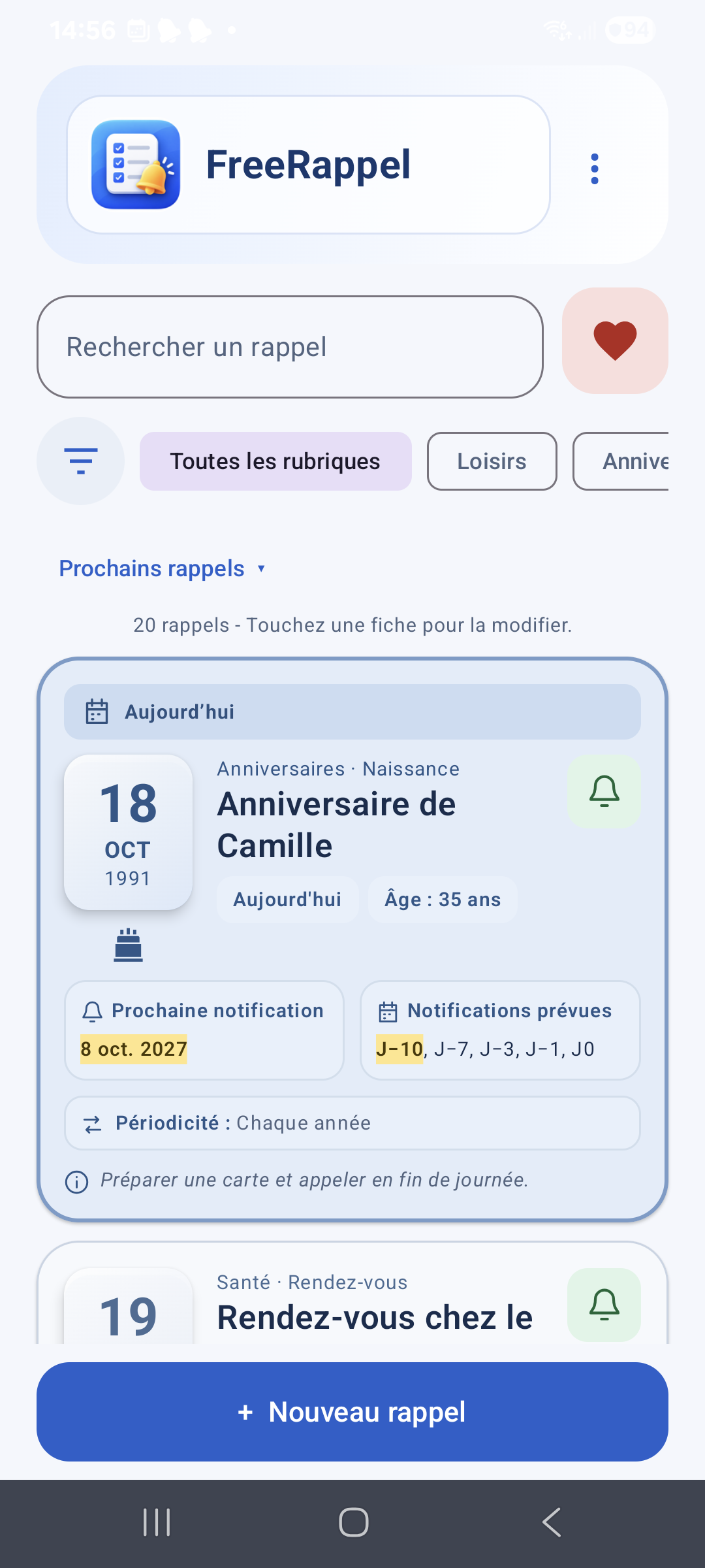 Page d’accueil de FreeRappel
